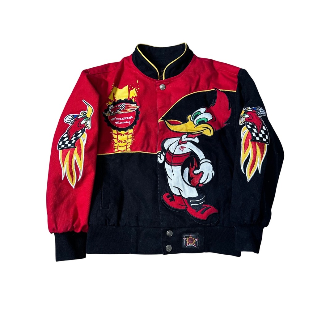 JH Design Kids Honda Racing Woody Woodpecker Twill Jacket Red Black Size 5-6